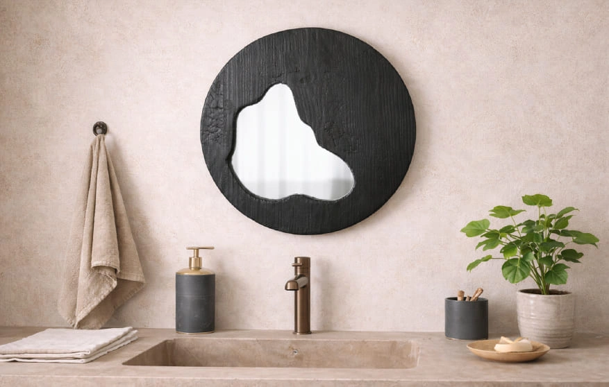 miroir rond asymétrique bois brûlé